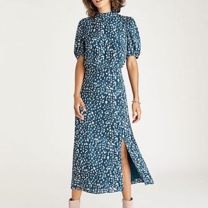 Ann Taylor blue teal spotted puff sleeve flared midi dress, size 0 petite, NWT